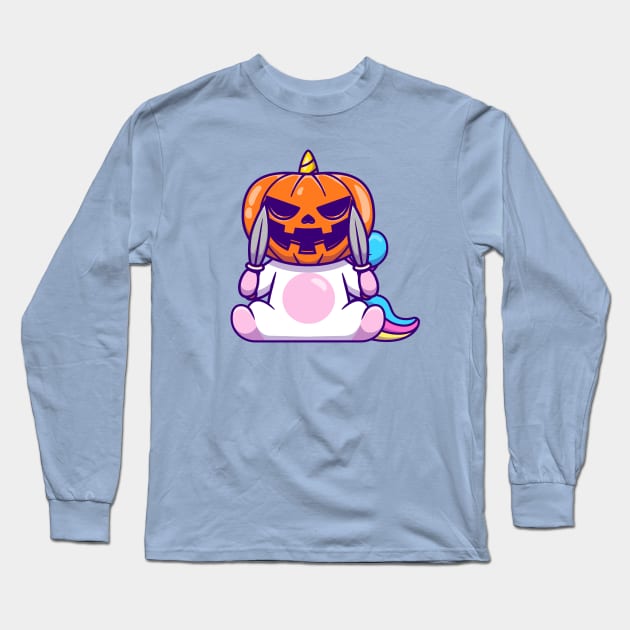 Cute Unicorn Wearing Halloween Pumpkin Mask With Knife Long Sleeve T-Shirt by Catalyst Labs